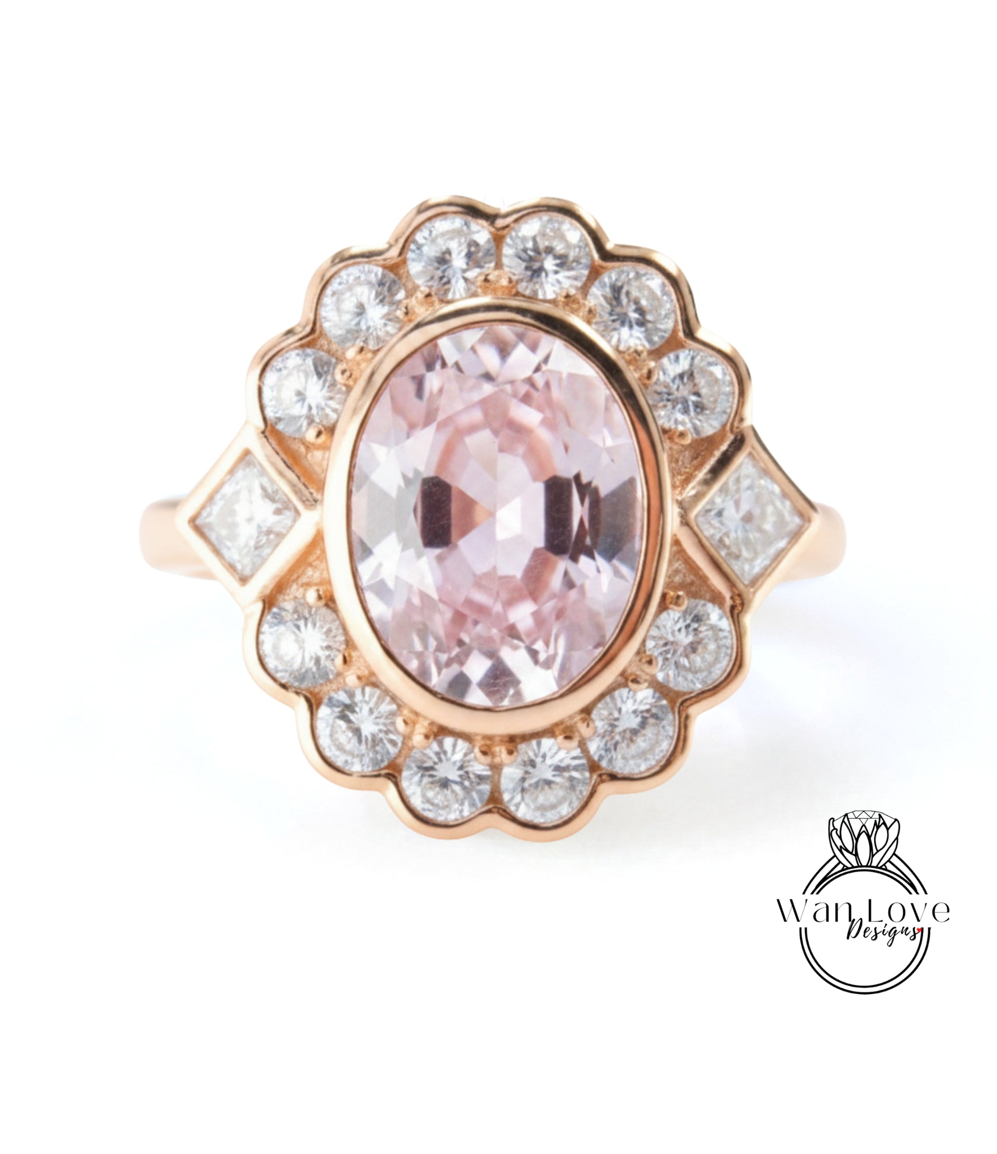 A gold ring with a large oval-shaped gemstone at the center, surrounded by smaller diamonds.