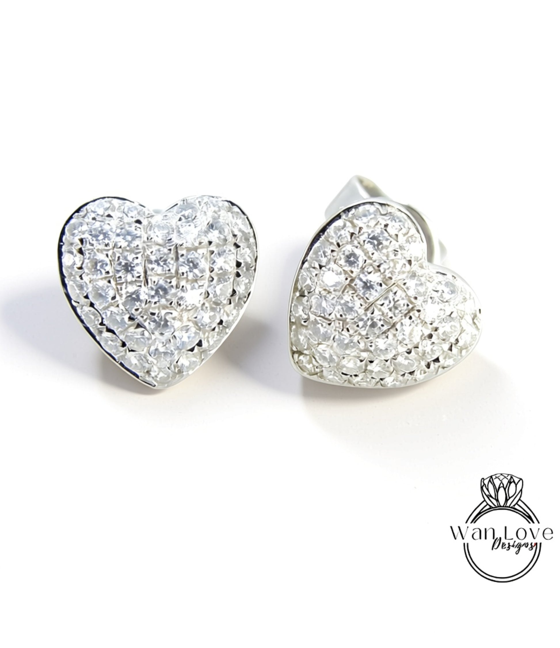 Heart Pave Earrings Moissanite White Gold Pave Pillow Puff Dome, Custom, Wedding, Anniversary Gift, Ready to Ship Wan Love Designs