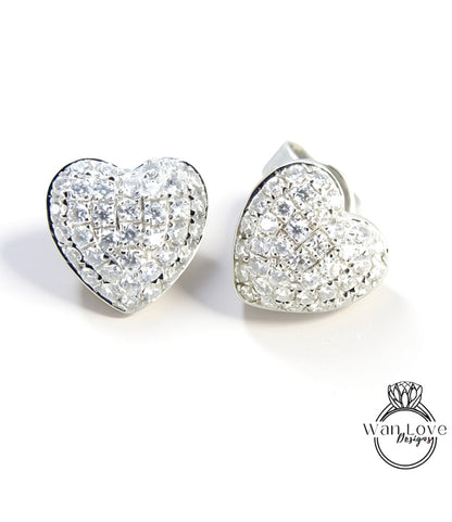 Heart Pave Earrings Moissanite White Gold Pave Pillow Puff Dome, Custom, Wedding, Anniversary Gift, Ready to Ship Wan Love Designs
