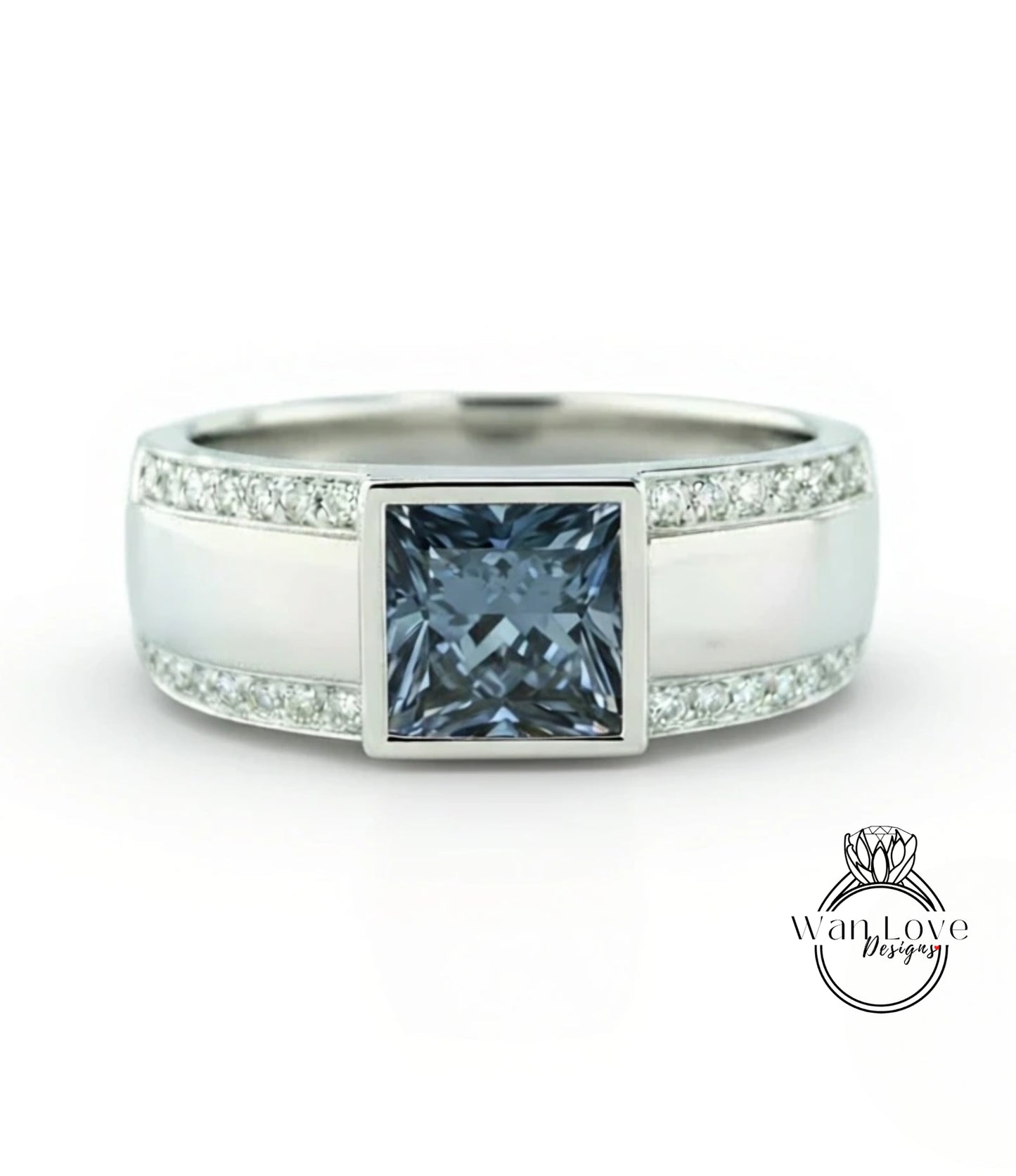 A silver ring with a large blue gemstone in the center, surrounded by smaller diamonds.