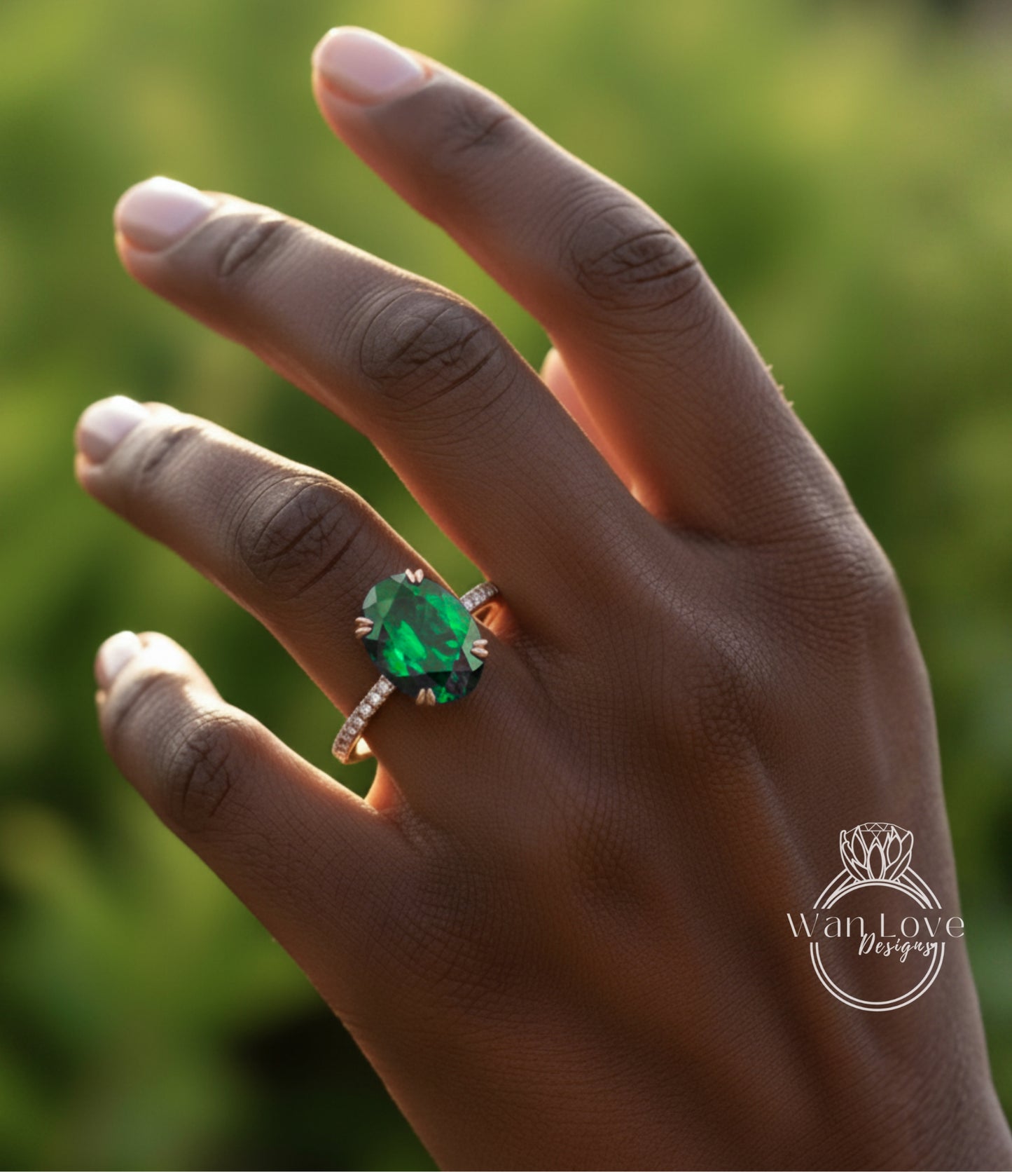 A close-up of a hand wearing a ring with a large, green gemstone.