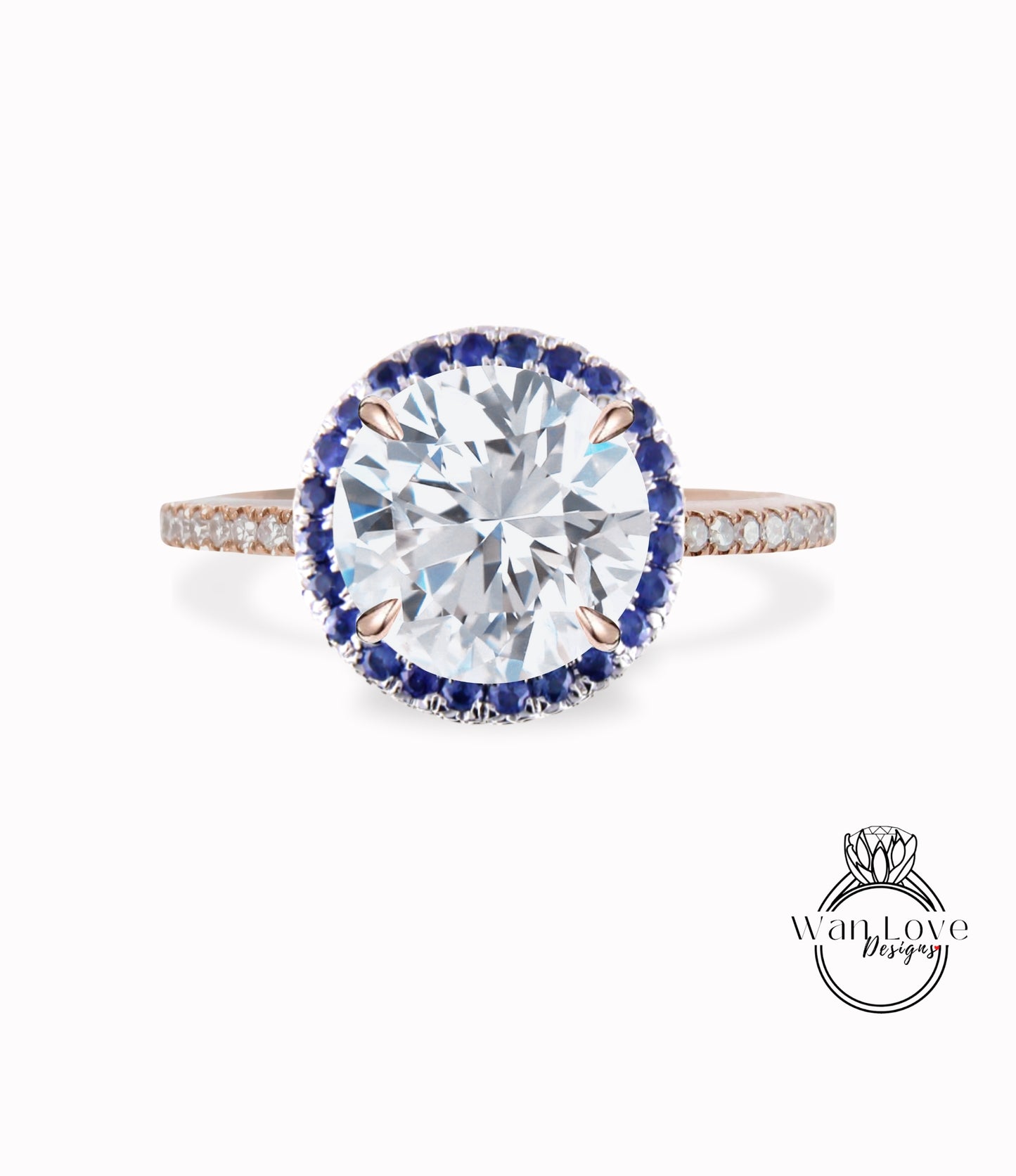 Anello di fidanzamento con diamante Halo con zaffiro bianco e blu rotondo 14k 18k bianco giallo oro rosa-platino-anniversario di matrimonio personalizzato