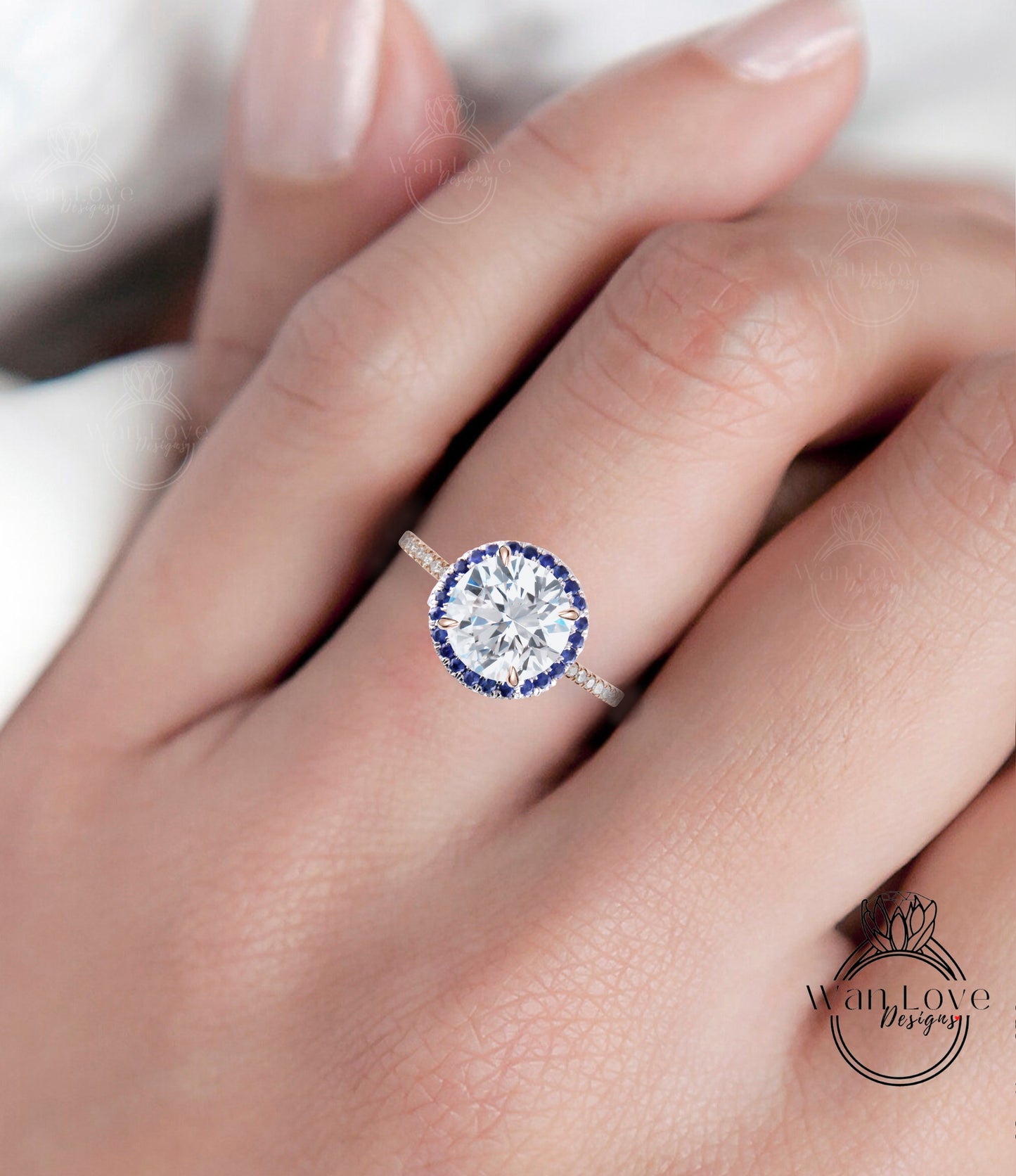 Anello di fidanzamento con diamante Halo con zaffiro bianco e blu rotondo 14k 18k bianco giallo oro rosa-platino-anniversario di matrimonio personalizzato