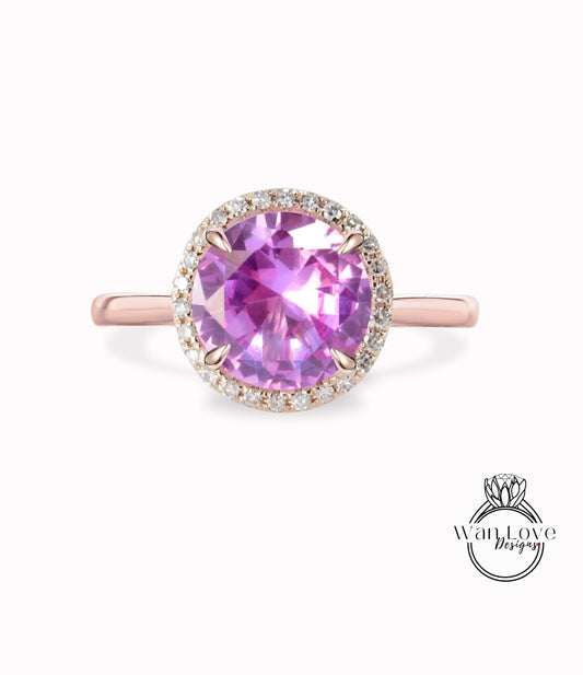 Pink Sapphire Diamond Round Halo Engagement Ring-Round Halo Rings-Plain shank Ring Custom-Wedding-Pink Sapphire Ring-Anniversary