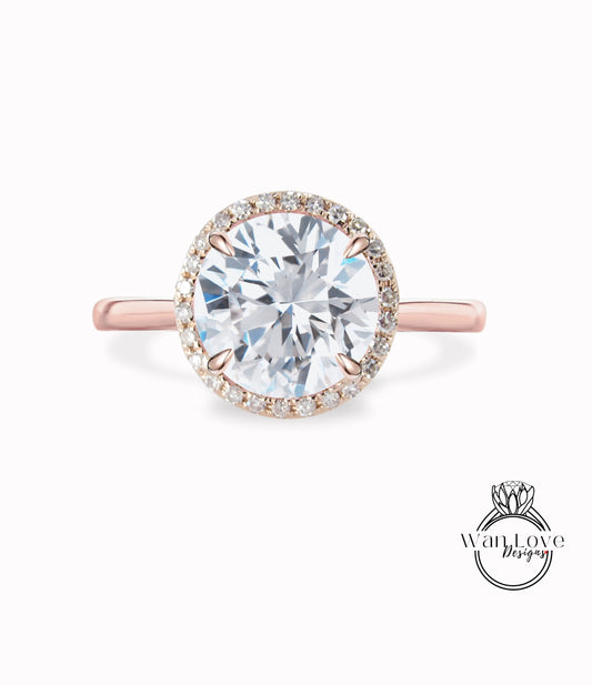 White Sapphire & Diamond Round Halo Engagement Ring Round Custom Wedding