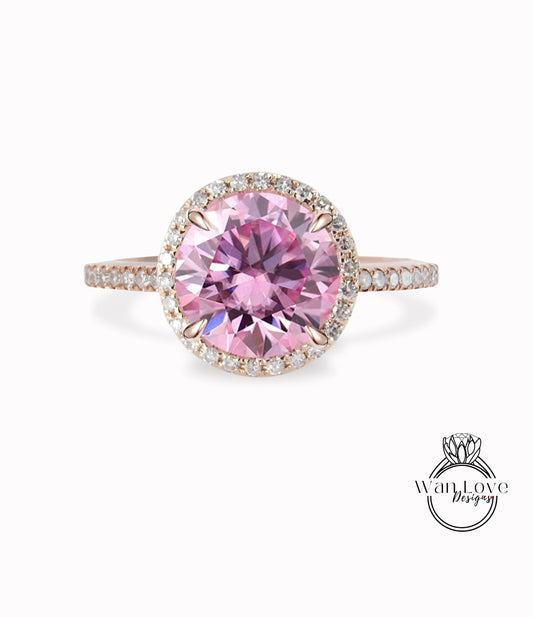Pink Moissanite & Diamond Round Halo Engagement Ring, Custom, 14k 18k White Yellow Rose Gold, Platinum, Wedding, Anniversary Gift