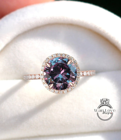 Anello di fidanzamento con zaffiro vintage viola con cambio di colore, anello rotondo in oro, anello art deco con diamanti, anello nuziale, anello di promessa di anniversario