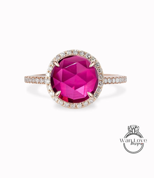 Ruby & Diamonds Rose Cut Round Halo Antique style Cabochon Engagement Ring, 14k 18k White Yellow Rose Gold-Platinum-Custom, Anniversary Gift