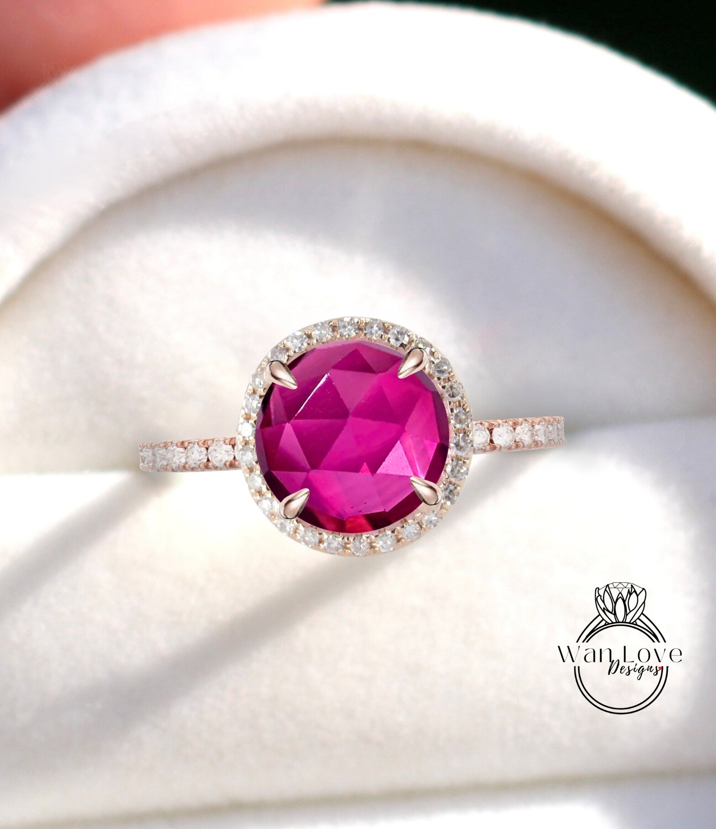Ruby & Diamonds Rose Cut Round Halo Antique style Cabochon Engagement Ring, 14k 18k White Yellow Rose Gold-Platinum-Custom, Anniversary Gift
