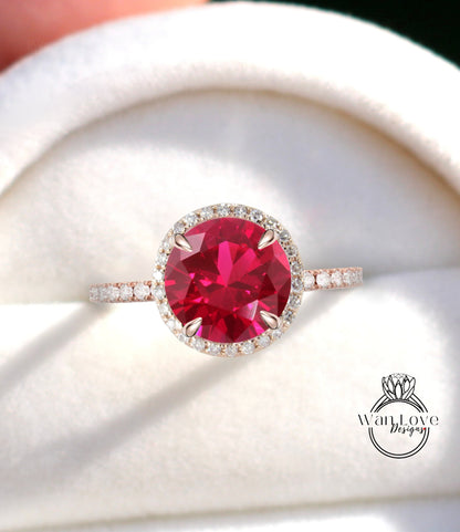 Vintage Ruby engagement ring rose gold round halo ruby ring art deco diamond halo ring wedding Bridal ring Anniversary promise ring