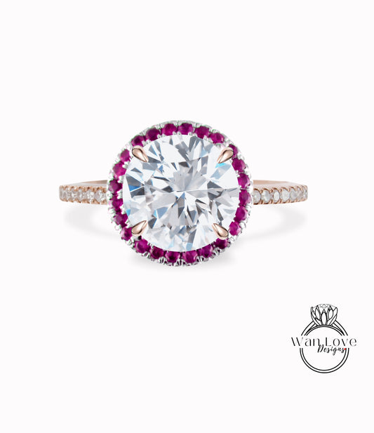 White Sapphire Ruby & Diamond Round Halo Engagement Ring, Custom, 14k 18k White Rose Yellow Gold, Platinum,Anniversary Gift