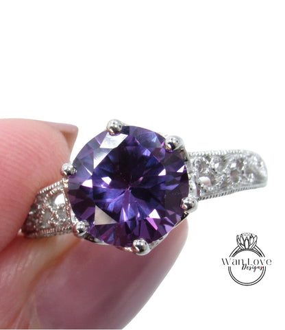 Anello di fidanzamento colore alessandrite zaffiro viola filigrana Milgrain taglio rotondo 3ct 3.5ct 9mm anello di anniversario di matrimonio nuziale-pronto per la spedizione