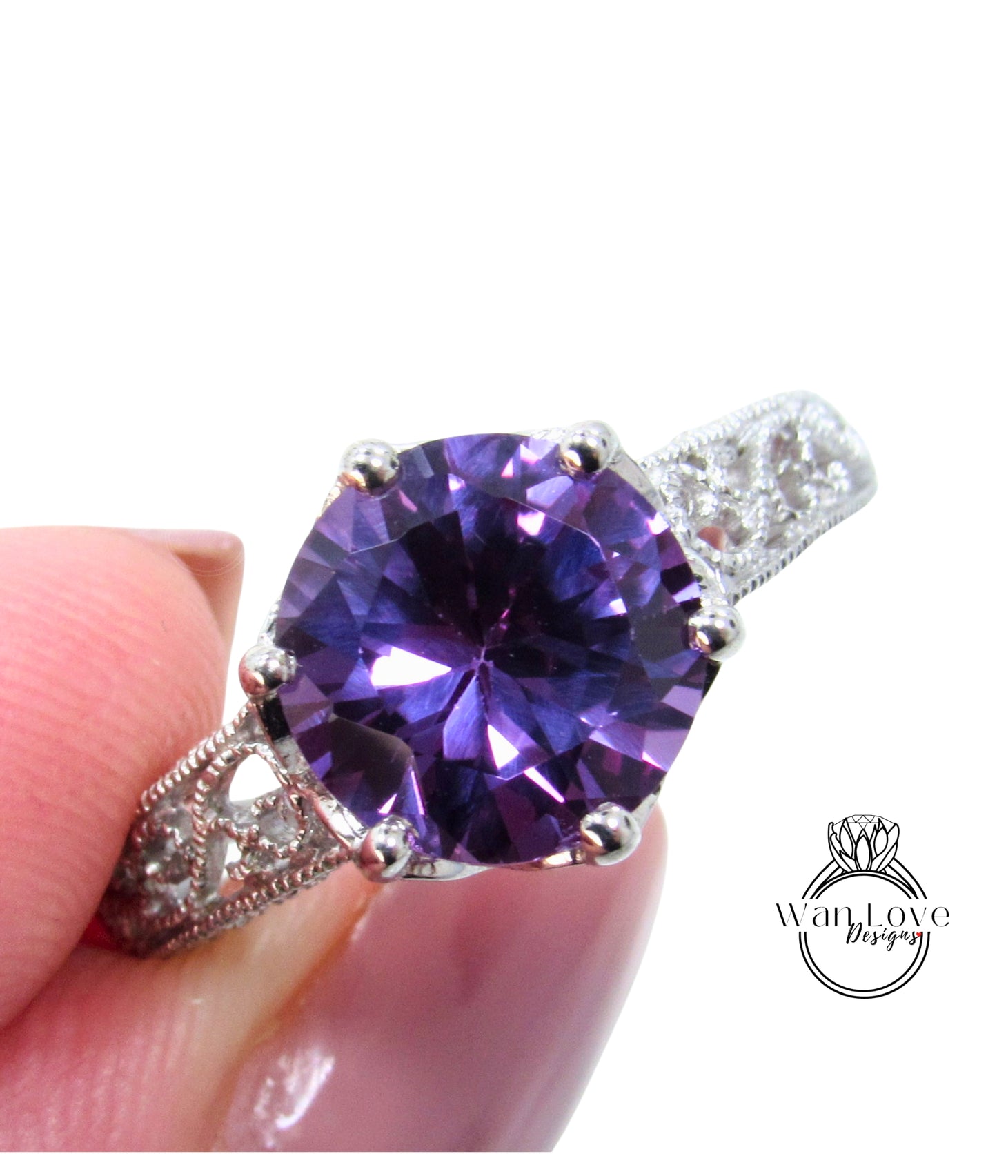 Anello di fidanzamento colore alessandrite zaffiro viola filigrana Milgrain taglio rotondo 3ct 3.5ct 9mm anello di anniversario di matrimonio nuziale-pronto per la spedizione