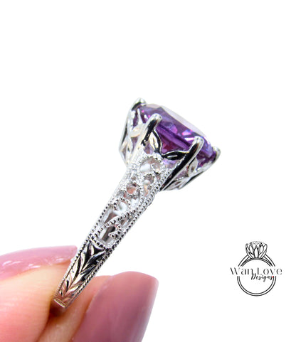 Anello di fidanzamento colore alessandrite zaffiro viola filigrana Milgrain taglio rotondo 3ct 3.5ct 9mm anello di anniversario di matrimonio nuziale-pronto per la spedizione