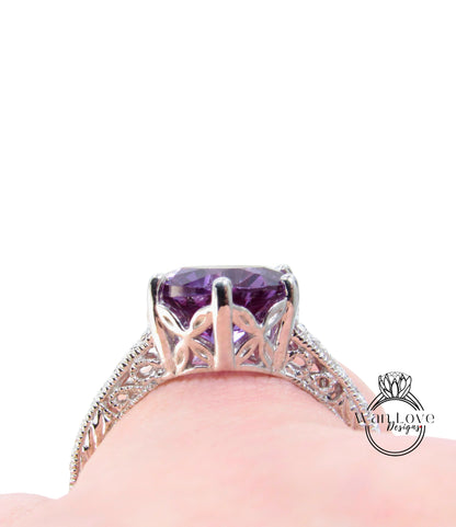 Anello di fidanzamento colore alessandrite zaffiro viola filigrana Milgrain taglio rotondo 3ct 3.5ct 9mm anello di anniversario di matrimonio nuziale-pronto per la spedizione