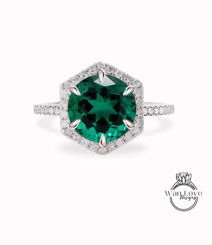 Anello di fidanzamento esagonale Halo Emerald Anello con diamante a taglio rotondo, mezza eternità, anello in oro rosa vintage art deco, anello di promessa per l'anniversario