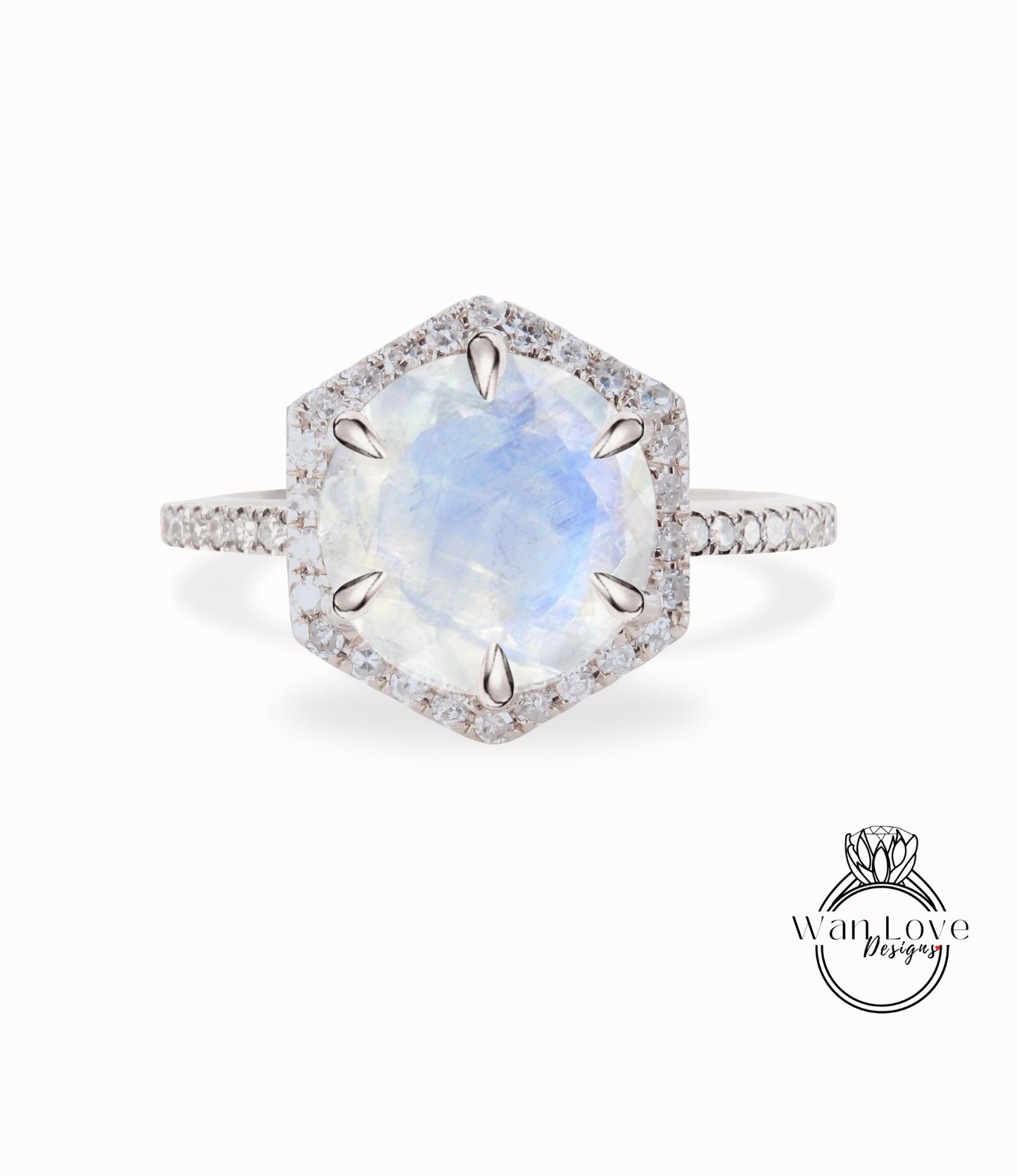 Anello di fidanzamento esagonale Halo Moonstone Anello con diamante a taglio rotondo, mezza eternità, anello in oro rosa art deco vintage, anello di promessa per l'anniversario