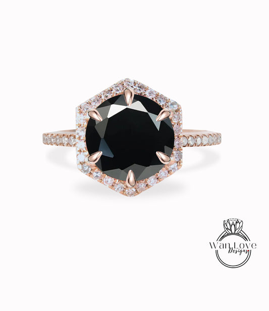 Anello Halo con diamante esagonale Anello Moissanite nero con diamante taglio rotondo Anello di fidanzamento Art Déco in oro rosa vintage Halo Anello promessa nuziale