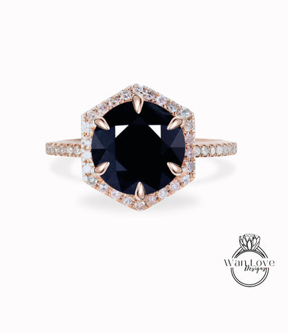 Anello di fidanzamento rotondo con zaffiro blu scuro naturale e diamanti, Halo, 1,5 ct, 7 mm, oro rosa giallo bianco 14 kt 18 kt, platino, matrimonio personalizzato