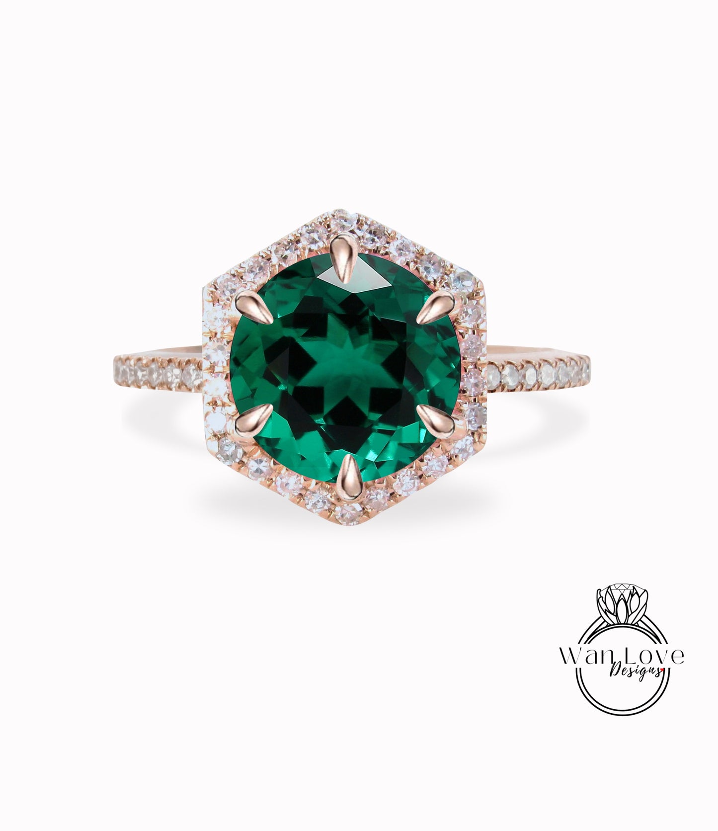 Anello di fidanzamento esagonale Halo Emerald Anello con diamante a taglio rotondo, mezza eternità, anello in oro rosa vintage art deco, anello di promessa per l'anniversario