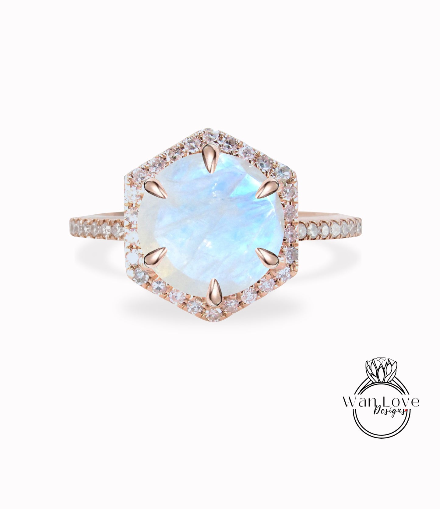 Anello di fidanzamento esagonale Halo Moonstone Anello con diamante a taglio rotondo, mezza eternità, anello in oro rosa art deco vintage, anello di promessa per l'anniversario