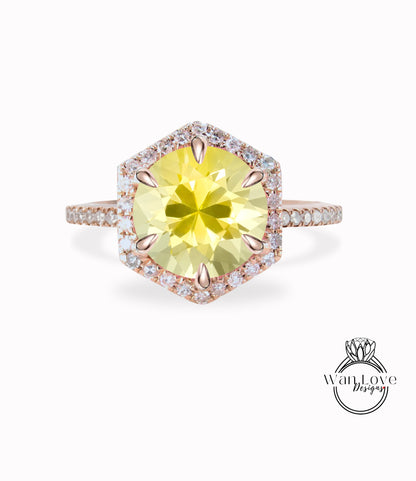 Anello di fidanzamento Halo con zaffiro giallo e diamante rotondo 14k 18k bianco giallo oro rosa-platino-su misura-anniversario di matrimonio