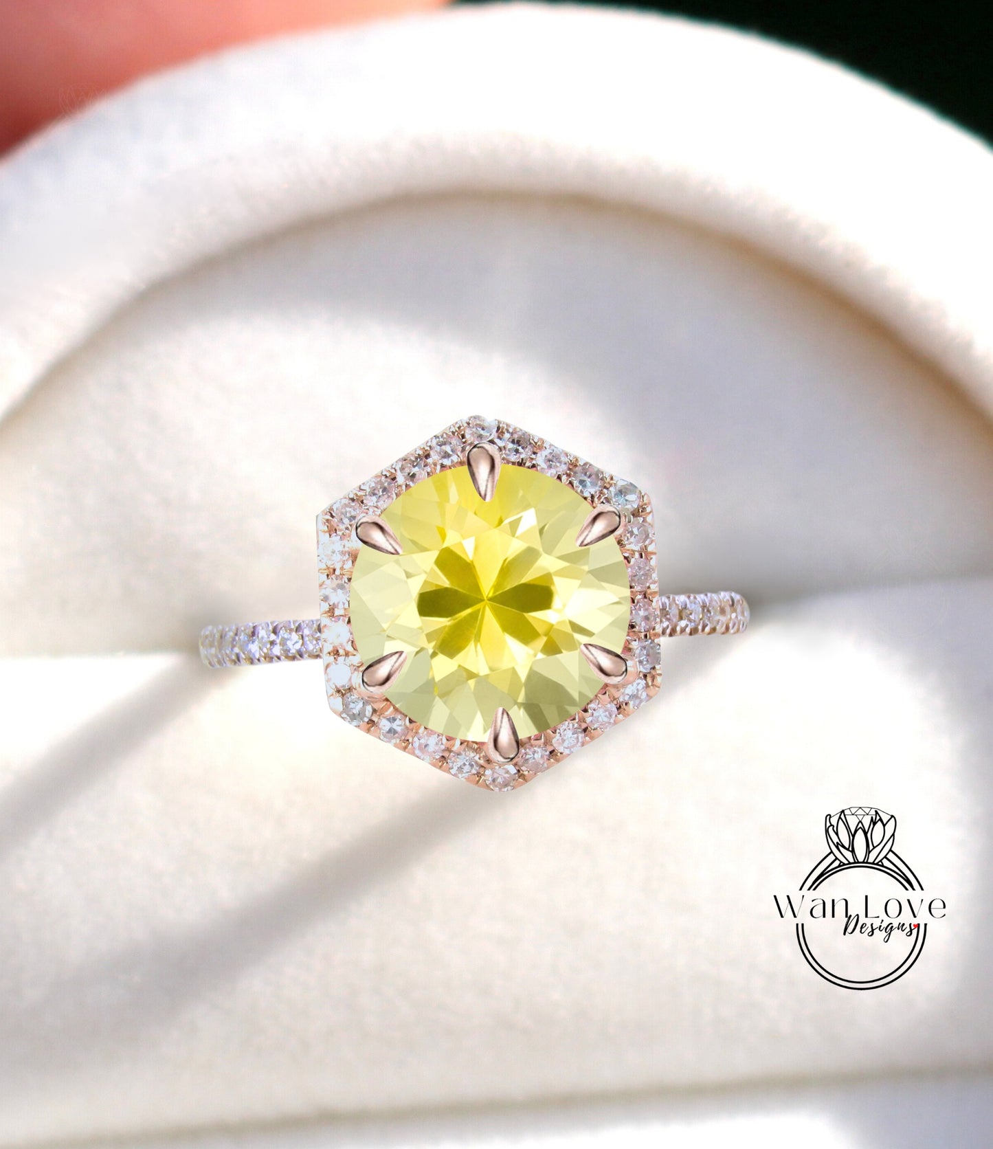 Anello di fidanzamento Halo con zaffiro giallo e diamante rotondo 14k 18k bianco giallo oro rosa-platino-su misura-anniversario di matrimonio