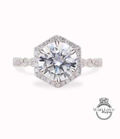 Anello di fidanzamento con moissanite e diamante smerlato, anello rotondo Halo Moissanite, anello nuziale Milgrain Vintage Diamond Moissanite, personalizzato