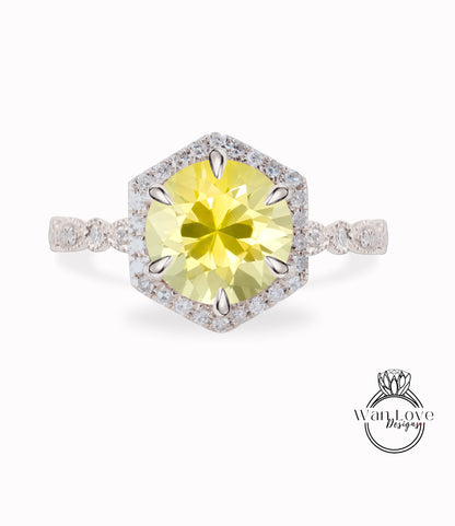 Anello di fidanzamento Halo con zaffiro giallo e diamante rotondo 14k 18k bianco giallo oro rosa-platino-su misura-anniversario di matrimonio