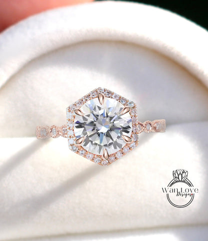 Anello di fidanzamento con moissanite e diamante smerlato, anello rotondo Halo Moissanite, anello nuziale Milgrain Vintage Diamond Moissanite, personalizzato