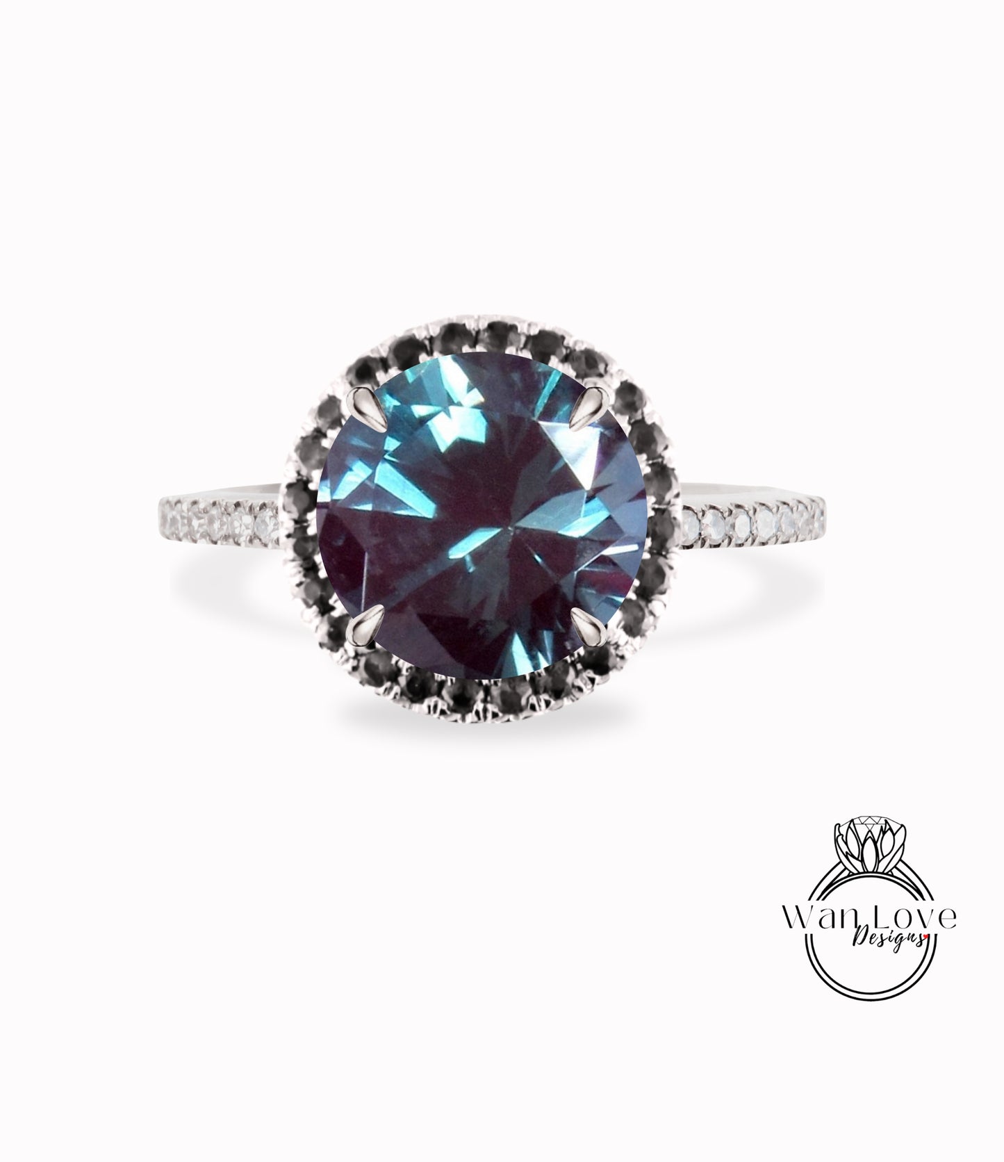 Alexandrite & Black Diamond Round Halo Engagement Ring, Color Change, Custom, Wedding, 14kt 18kt White Rose Yellow Gold, WanLoveDesigns