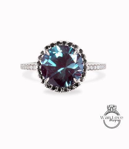 Alexandrite & Black Diamond Round Halo Engagement Ring, Color Change, Custom, Wedding, 14kt 18kt White Rose Yellow Gold, WanLoveDesigns