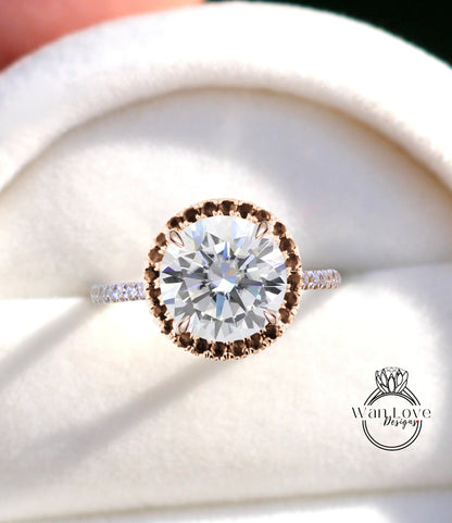 Anello di fidanzamento Moissanite Diamond Halo, anello di fidanzamento rotondo Halo Moissanite, anello di promessa di anniversario di rosa con diamante rotondo halo moissanite