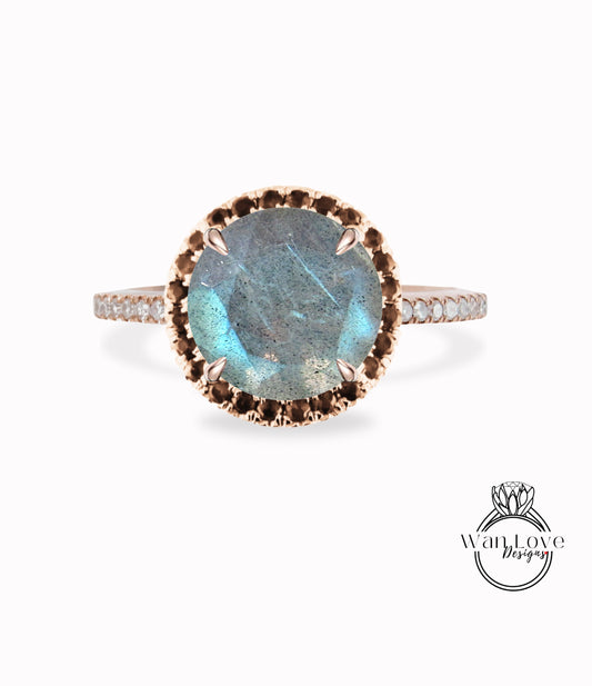 Labradorite & Black Diamond Round Halo Engagement Ring, Round cut, 14k 18k White Yellow Rose Gold,Platinum,Custom,Wedding, Anniversary