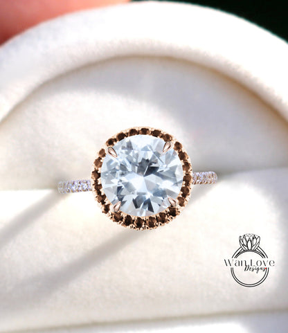 White Sapphire & Black Diamonds Halo Engagement Ring Round 14k 18k White Yellow Rose Gold Platinum Custom made Wedding Anniversary Gift