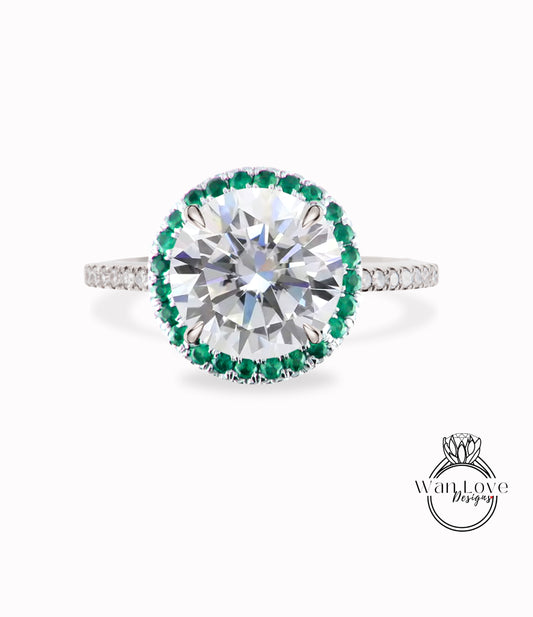 Moissanite Diamond & Emerald Halo Engagement Ring, Round Green Emerald Halo Moissanite Engagement Ring, round diamond halo moissanite rose anniversary promise ring