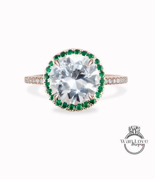 Anello di fidanzamento Halo rotondo con smeraldi e diamanti bianchi, personalizzato, 14k 18k bianco giallo oro rosa platino, matrimonio, regalo
