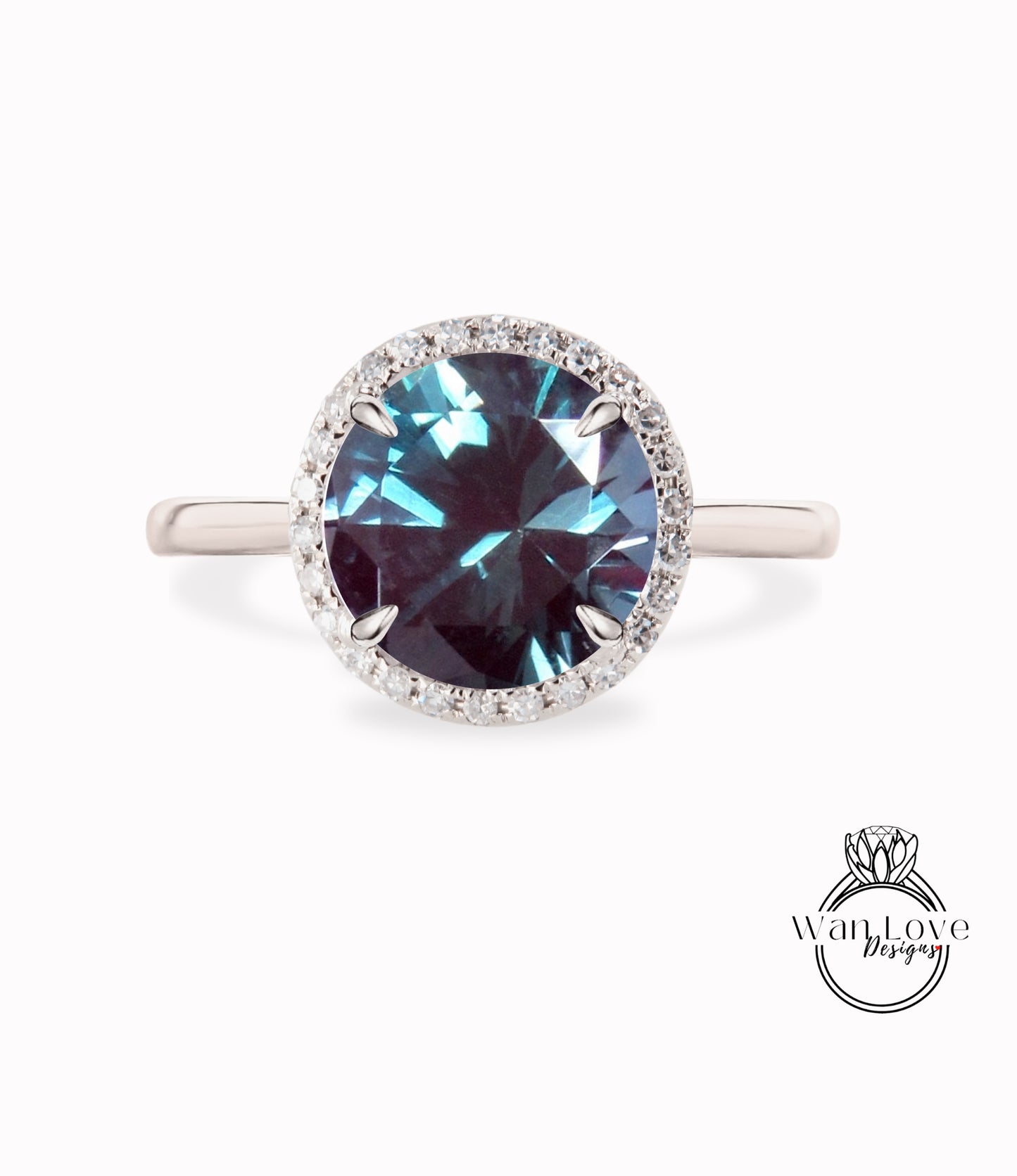 Alexandrite & Diamond Round Halo Plain Shank Engagement Ring  Custom Wedding 14kt 18kt Gold, Platinum, WanLoveDesigns