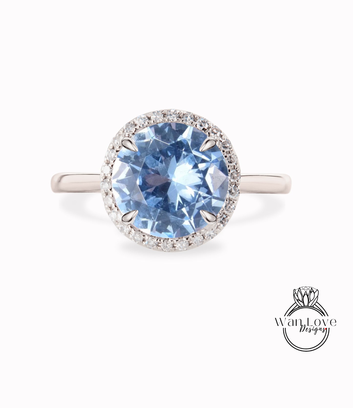 Anello di fidanzamento con spinello e diamante acquamarina, con gambo semplice, Halo, matrimonio personalizzato, oro 14kt 18kt, platino, WanLoveDesigns