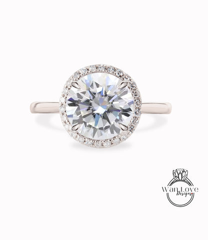 Anello di fidanzamento con gambo semplice rotondo Halo con diamanti Moissanite Matrimonio personalizzato 14kt Oro 18kt, Platino, Disegni WanLove