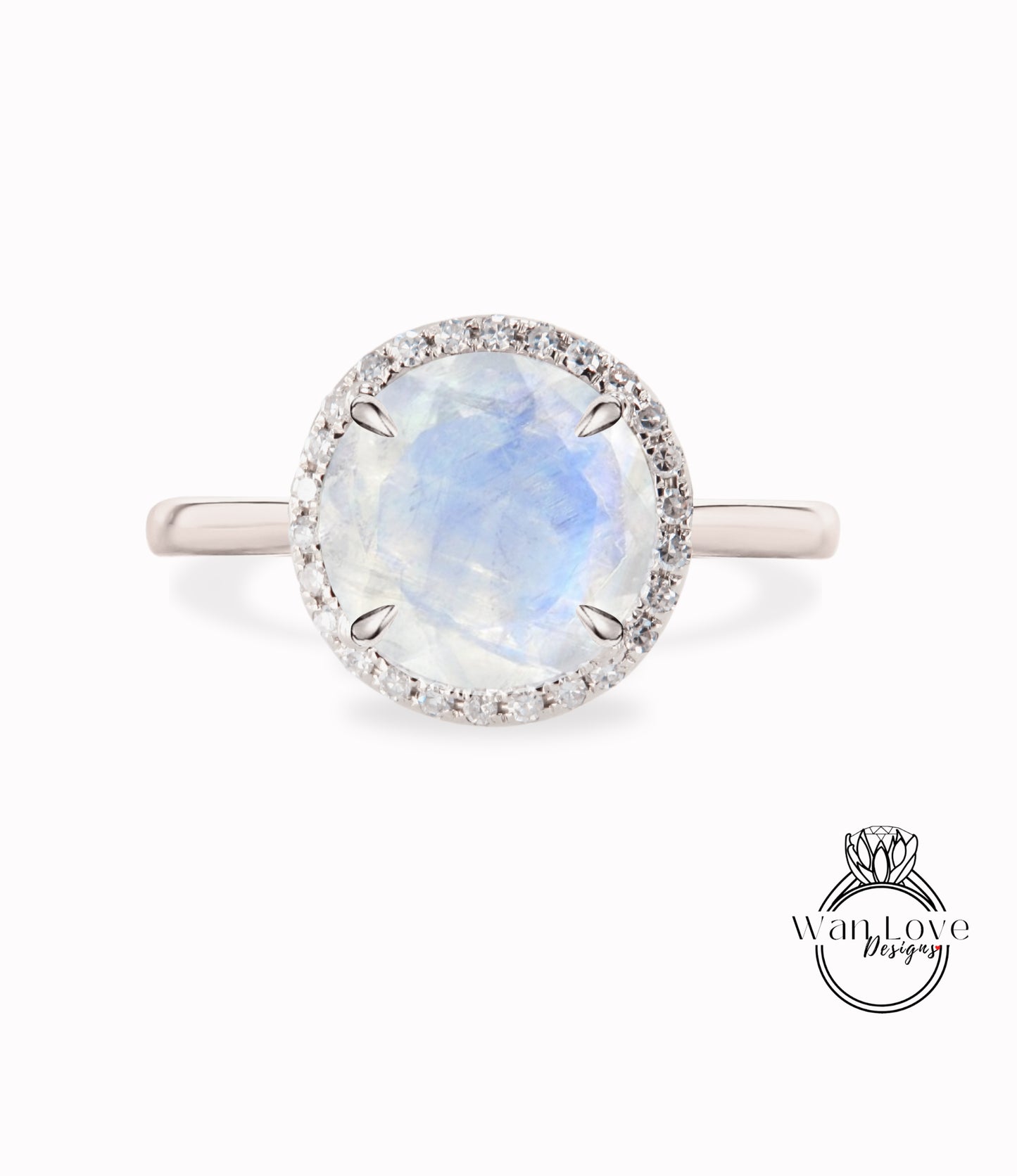 Anello di fidanzamento con pietra di luna e diamante rotondo Halo con gambo semplice Matrimonio personalizzato 14kt Oro 18kt, Platino, WanLoveDesigns