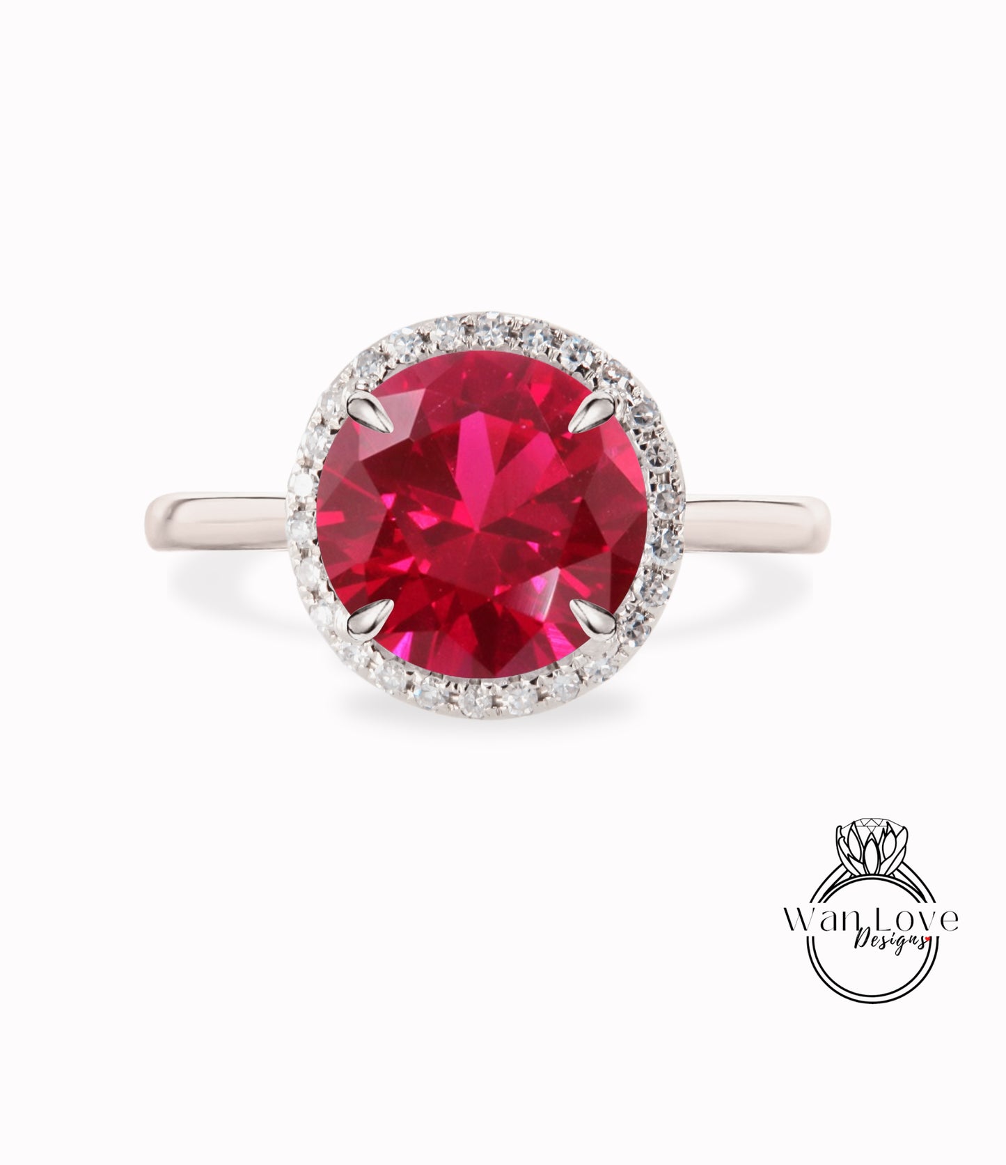 Ruby & Diamond Round Halo Plain Shank Engagement Ring Custom Wedding 14kt 18kt Gold, Platinum, WanLoveDesigns