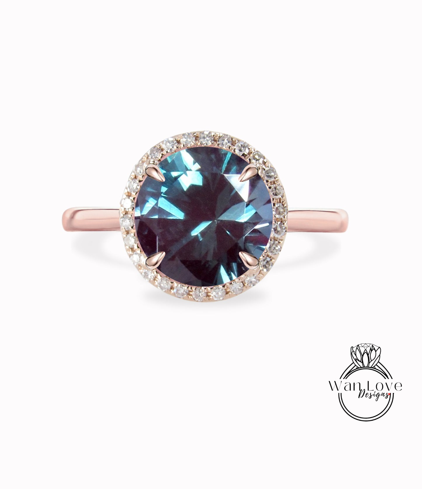 Alexandrite & Diamond Round Halo Plain Shank Engagement Ring  Custom Wedding 14kt 18kt Gold, Platinum, WanLoveDesigns