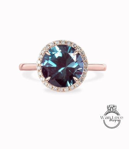 Alexandrite & Diamond Round Halo Plain Shank Engagement Ring  Custom Wedding 14kt 18kt Gold, Platinum, WanLoveDesigns