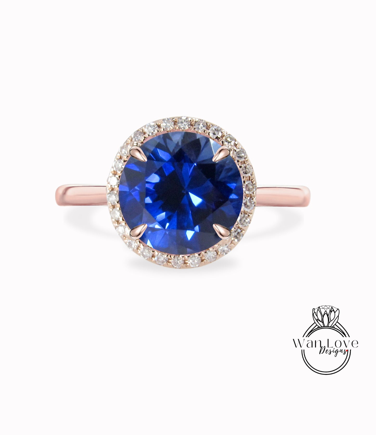 Anello di fidanzamento con zaffiro blu e diamante rotondo Halo con gambo semplice 14k 18k bianco giallo oro rosa-platino-anniversario di matrimonio personalizzato