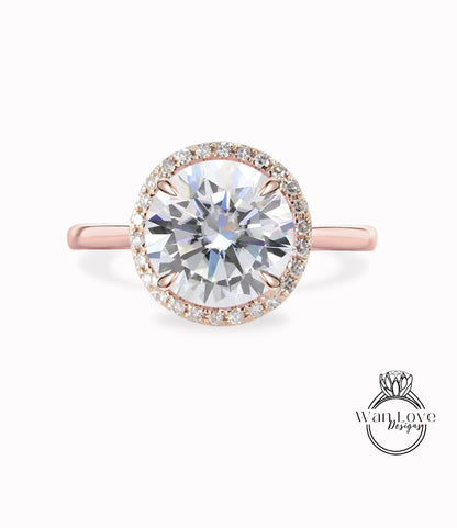 Anello di fidanzamento con gambo semplice rotondo Halo con diamanti Moissanite Matrimonio personalizzato 14kt Oro 18kt, Platino, Disegni WanLove