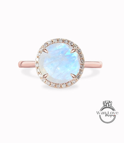 Anello di fidanzamento con pietra di luna e diamante rotondo Halo con gambo semplice Matrimonio personalizzato 14kt Oro 18kt, Platino, WanLoveDesigns