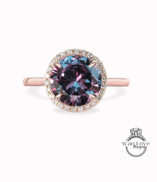 Purple Sapphire Alexandrite Color & Diamond Halo Engagement Ring, Cathedral plain tapered shank ring 14k 18k White Yellow Rose Gold,Platinum, Custom, Anniversary ring