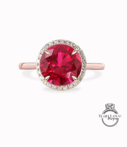 Ruby & Diamond Round Halo Plain Shank Engagement Ring Custom Wedding 14kt 18kt Gold, Platinum, WanLoveDesigns