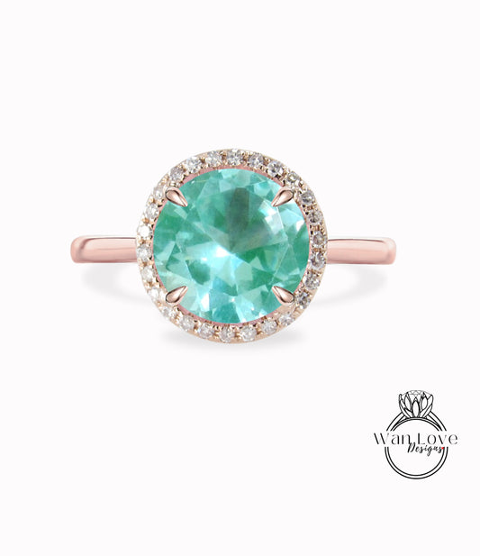 Teal Green Blue Spinel & Diamond Round Halo Plain tapered Band Engagement Ring, Custom, 14k 18k White Yellow Rose Gold, Platinum, Bridal Wedding ring, Anniversary Gift